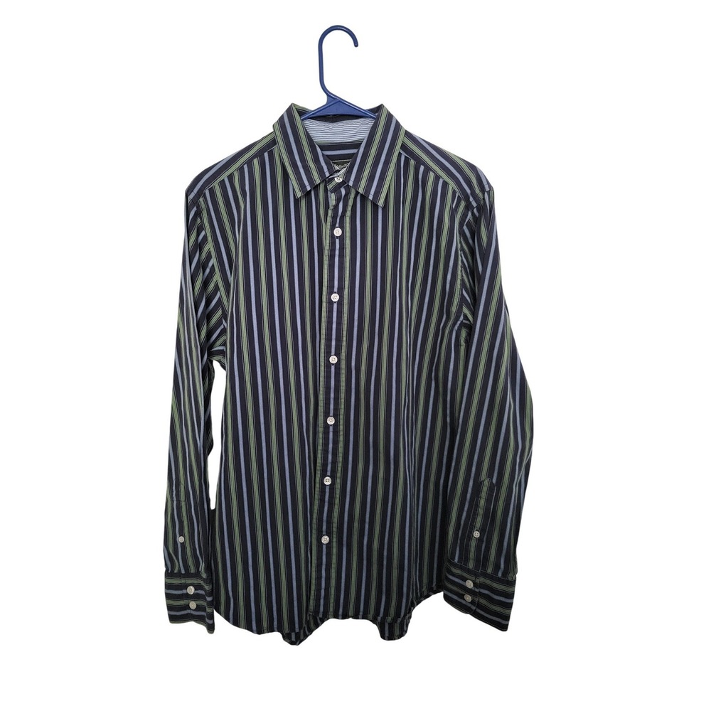 Eddie Bauer Button Down Shirt Mens Medium Navy Blue Green Striped Long Sleeve